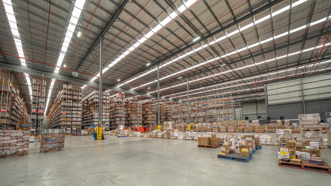 Large warehouse interior with heavy-duty pallet racking